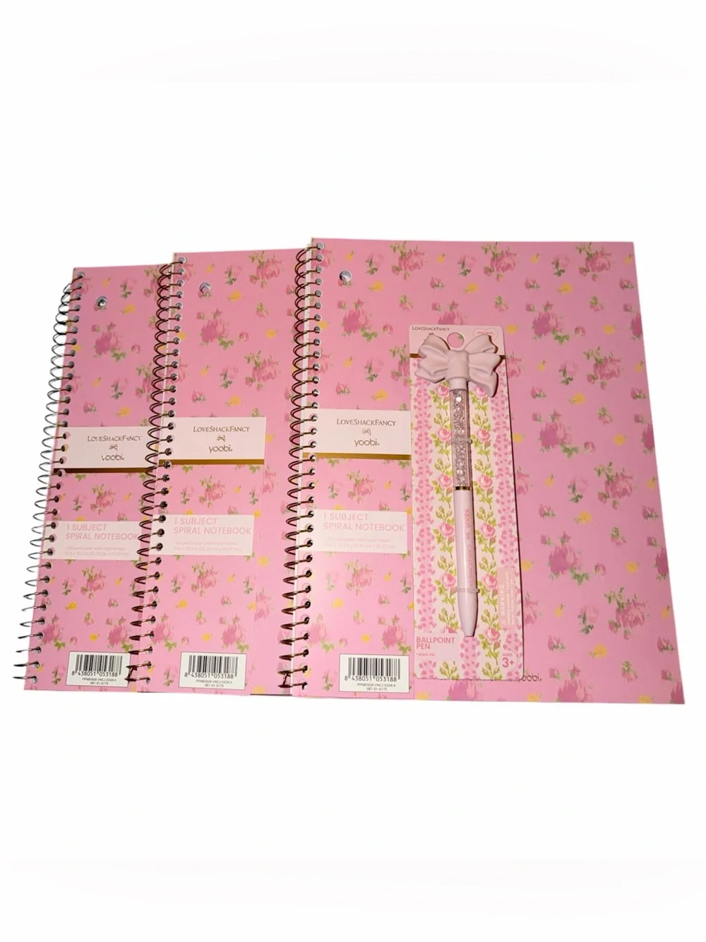 LoveShackFancy x Yoobi Pink Floral Spiral Notebook Set of 3 With Pink Bow Pen